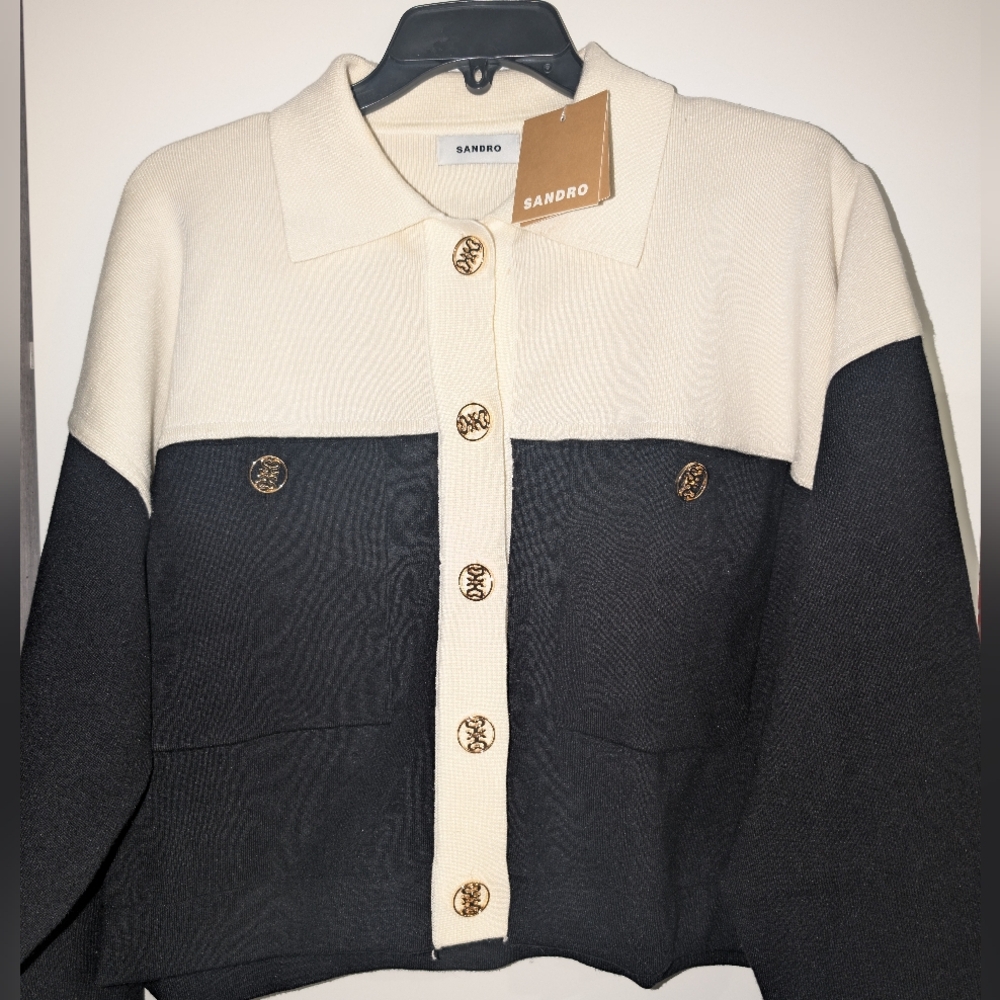 Sandro collard contrasting gold button knitted cardigan sweater